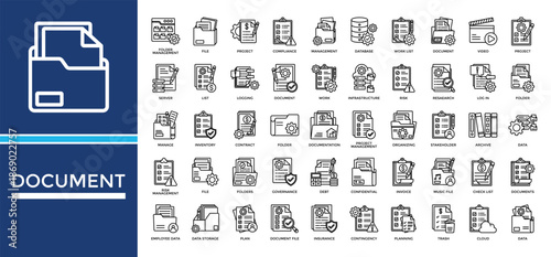 Document icon set collection. Containing welcome, database, server, write, performance, planning, contract .Line vector icons collection