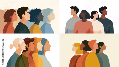 Modern illustration of people faces in profile and close groups expressing diversity identity perspective and emotional awareness in abstract social concept artwork.