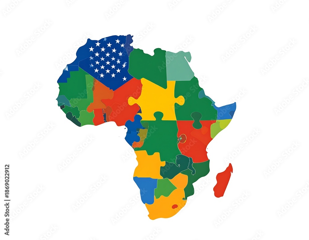 Fototapeta premium A colorful, puzzle-piece map of Africa, with the US flag forming part of its northern region. Different regions are multi-colored