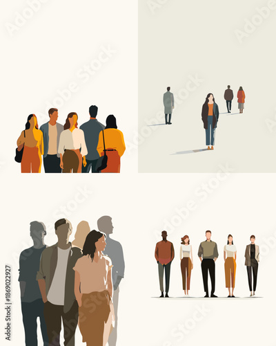 Modern illustration of diverse people standing and walking in small groups expressing individuality distance connection and everyday social interaction in minimal lifestyle scenes.
