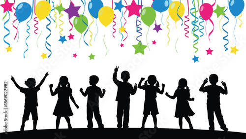 Silhouette of children dancing under colorful balloons and streamers, celebrating joy, party, friendship, fun, and festive childhood moments.
