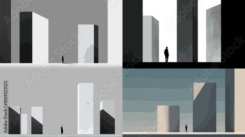 Abstract illustration of modern city architecture with tall buildings and small human figures showing scale solitude and urban environment in minimalist design style.