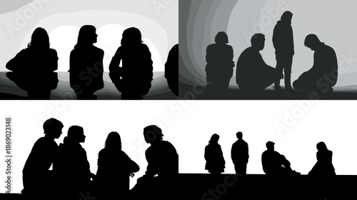 Silhouette illustration of people sitting and talking together in calm abstract space expressing conversation connection community and shared moments for social concept visuals.