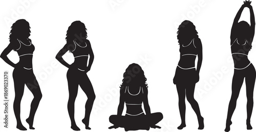 Vector illustration featuring elegant black silhouettes of fashion girls and women models in artistic body outlines for business and beauty