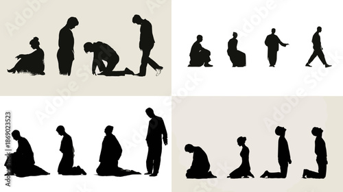 Minimal silhouette illustration of human figures sitting kneeling and resting representing contemplation prayer fatigue and emotional states in conceptual psychology scenes.