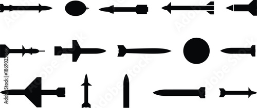 Missile and bomb silhouette collection set, military weapon shapes, rocket ammunition icons, warfare armament symbols, cad drawing flat vector illustration