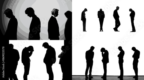 Dark silhouette illustration of people in group sequences expressing emotional change routine and social behavior patterns for psychology and human interaction concepts.