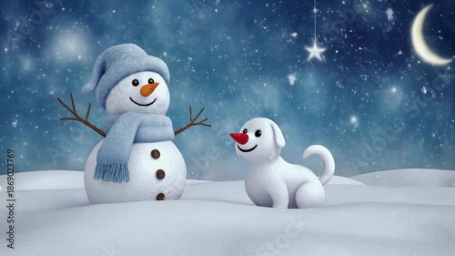 Snowman and dog in winter landscape.