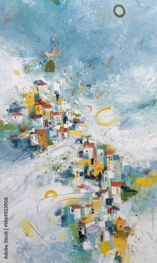 Fototapeta premium Abstract Village Scene with Colorful Buildings and Sky