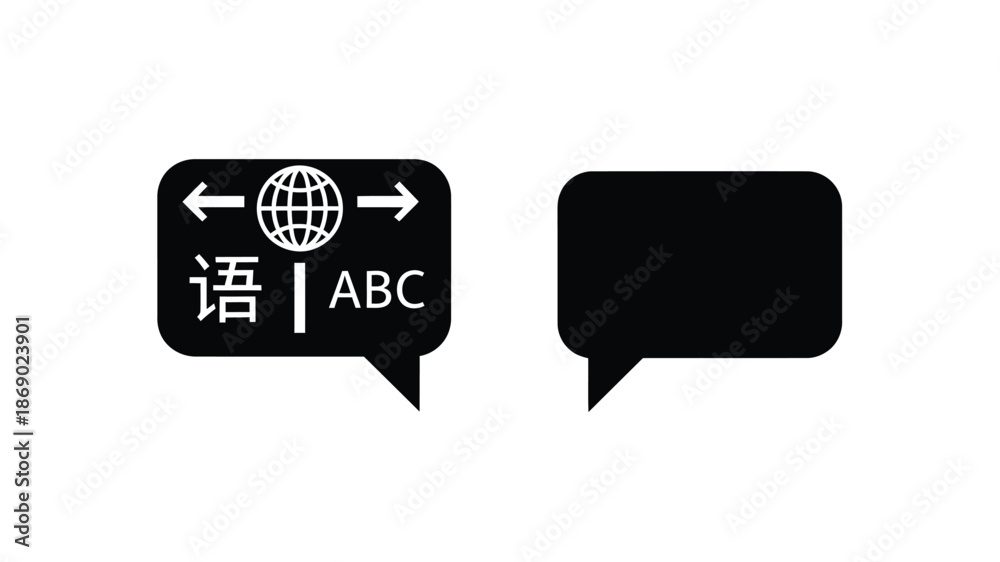 Fototapeta premium Black speech bubbles with a globe and text representing language translation