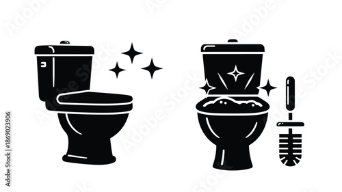 Clean toilet before and after illustration with sparkles and cleaning brush
