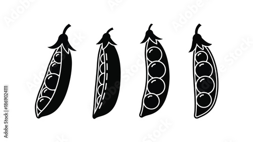 Black and white illustration of four pea pods in varying stages of openness