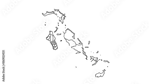 Outline Map of Bahamas with Districts, isolated white background.