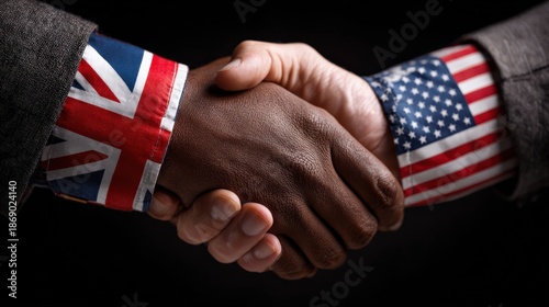 A close-up of two hands shaking, one adorned with a British flag sleeve and the other with an American flag, symbolizing unity and cooperation.