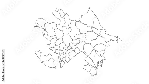 Outline Map of Azerbaijan with Administrative Divisions, isolated white background.