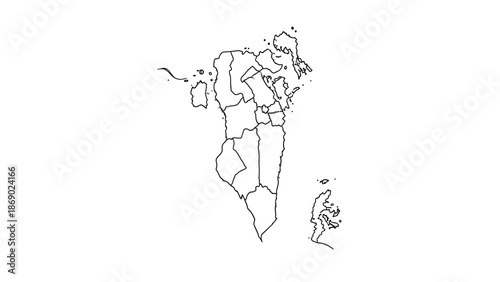 Outline Map of Bahrain with Governorates, isolated white background.