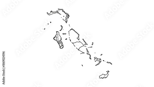 Outline Map of Bahamas with Districts, isolated white background.