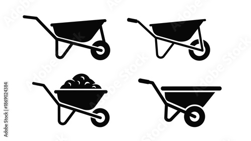 Simple black and white illustrations of wheelbarrows and a pile of rocks