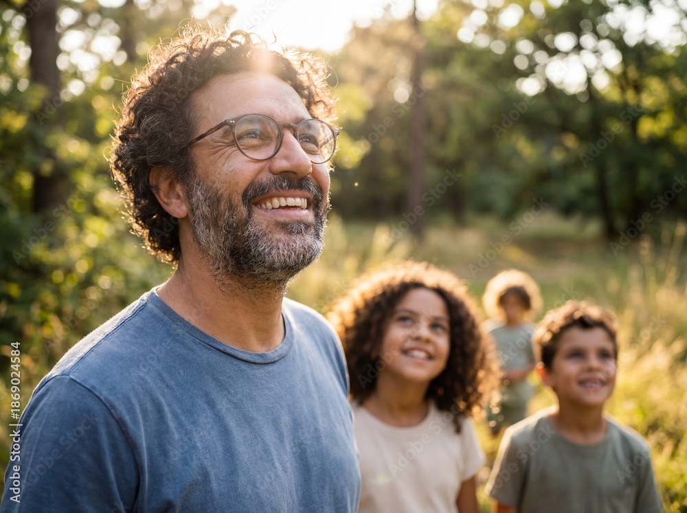 Fototapeta premium Smiling bearded man with glasses standing in sunny woods with happy kids in background