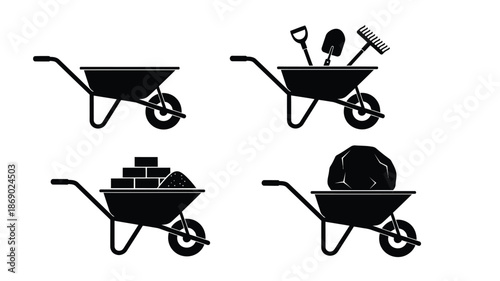 Gardening tools and wheelbarrows with various loads in black and white icons