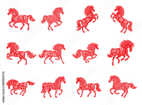 Set of Ornate Red Horses Lunar year