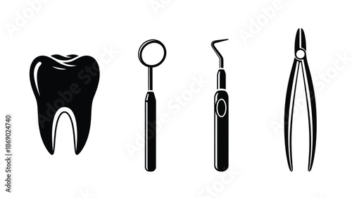 Dental tools including a tooth probe scaler and forceps in a black design