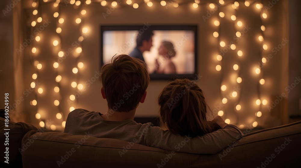 Naklejka premium Romantic couple watching movie together on sofa with warm fairy light ambiance, cozy home interior, intimacy, relaxation, and modern lifestyle concept