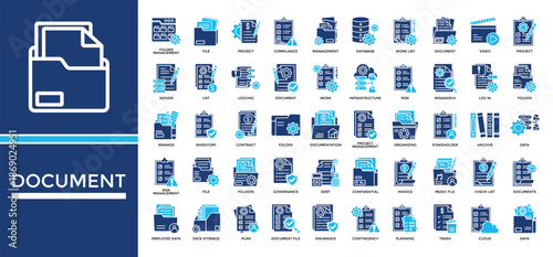Document icon set collection. Containing welcome, database, server, write, performance, planning, contract .Solid vector icons collection
