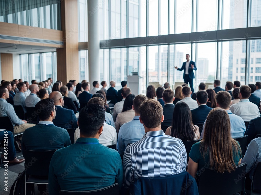 Obraz premium Large audience of professionals listening to speaker during business conference in modern office