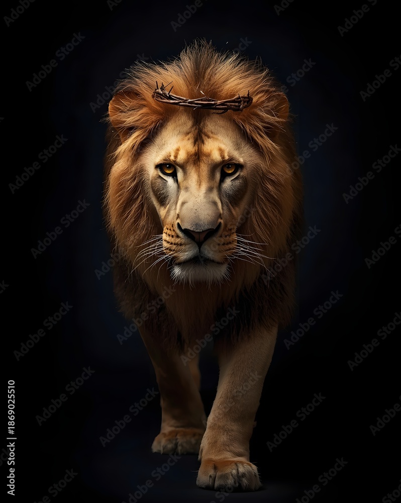 Fototapeta premium Majestic lion walking forward on dark background, powerful wildlife portrait symbolizing strength, dominance, courage, and natural authority