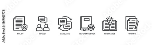Grammar concept icon illustration contain policy, speech, language, reference book, knowledge and writing. 