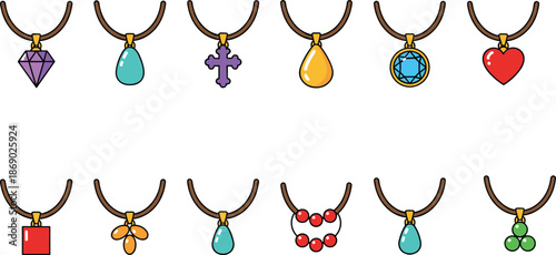 Necklace pendant collection, jewelry icon set, fashion accessory vector, gemstone shapes, stylish design elements, cad drawing flat vector illustration