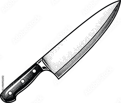 Black and white vintage vector illustration of a chef knife with stipple shading for cooking and kitchen design