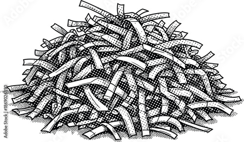 Black and White Abstract Pile of Shredded Strips Vector Comic Art with Halftone Texture