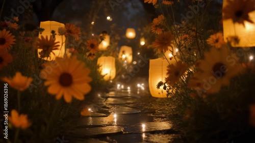 A serene pathway lit by glowing lanterns surrounded by vibrant flowers at night.