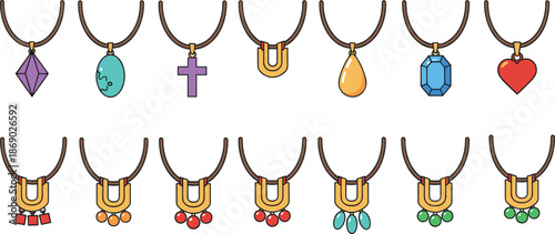 Necklace pendant set, jewelry icon collection, fashion accessory vector, hanging bead designs, stylish gem shapes, cad drawing flat vector illustration