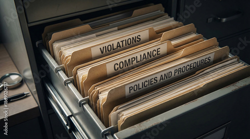Compliance policies procedures violations folders filing cabinet. Business legal document organization audit regulation wooden desk magnifier pen.