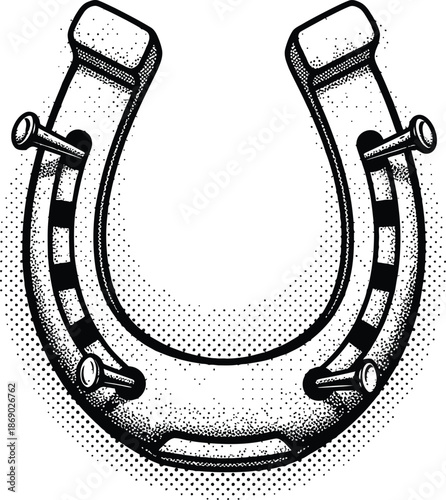 Black and White Vintage Horseshoe Illustration with Nails Retro Tattoo Style Good Luck Symbol Engraving Vector