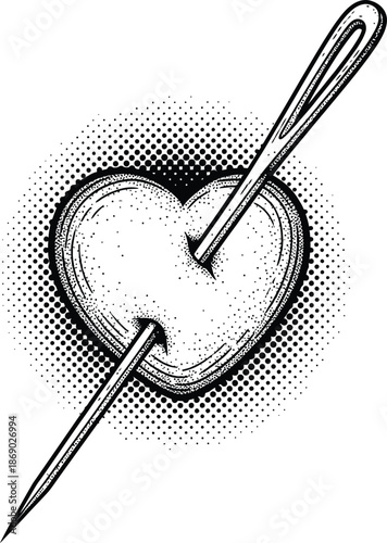 Black and white heart pierced by a needle with halftone dot background vintage engraving style vector illustration for tattoo or retro design
