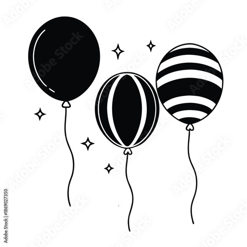 Black and white line art of two floating balloons with strings,Simple line art illustration of three balloons, one black and two white,