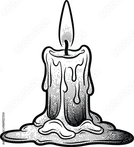 Black and White Burning Candle with Dripping Wax Vector Illustration Vintage Halftone Dot Style