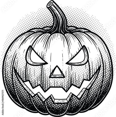 Scary Jack-o-lantern Pumpkin Illustration Woodcut Style Halftone Shading Black and White Vector Graphic for Halloween Design