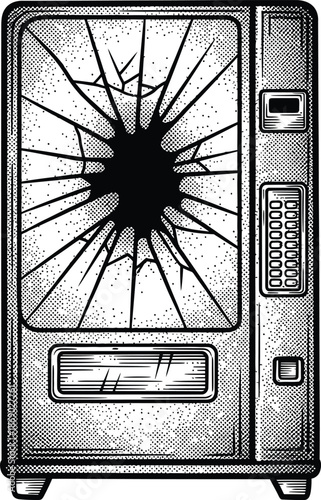 Vandalized Vending Machine with Cracked Window Halftone Engraving Vector Illustration Black and White