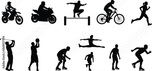 Sport activity silhouettes collection, extreme fitness cycling running jumping skating golfing actions, active outdoor lifestyle, black figures isolated on white