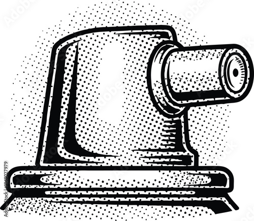 Vintage Electric Pencil Sharpener Illustration with Halftone Dot Texture in Black and White Retro Engraving Style