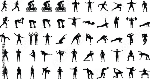 Sports and fitness silhouettes mega collection, athletes training exercises, running cycling gym workouts, healthy lifestyle, strength motion, black vector set