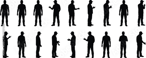 Standing man silhouettes set in casual poses, male figures gesturing talking and waiting, everyday people lifestyle illustration collection isolated on white background