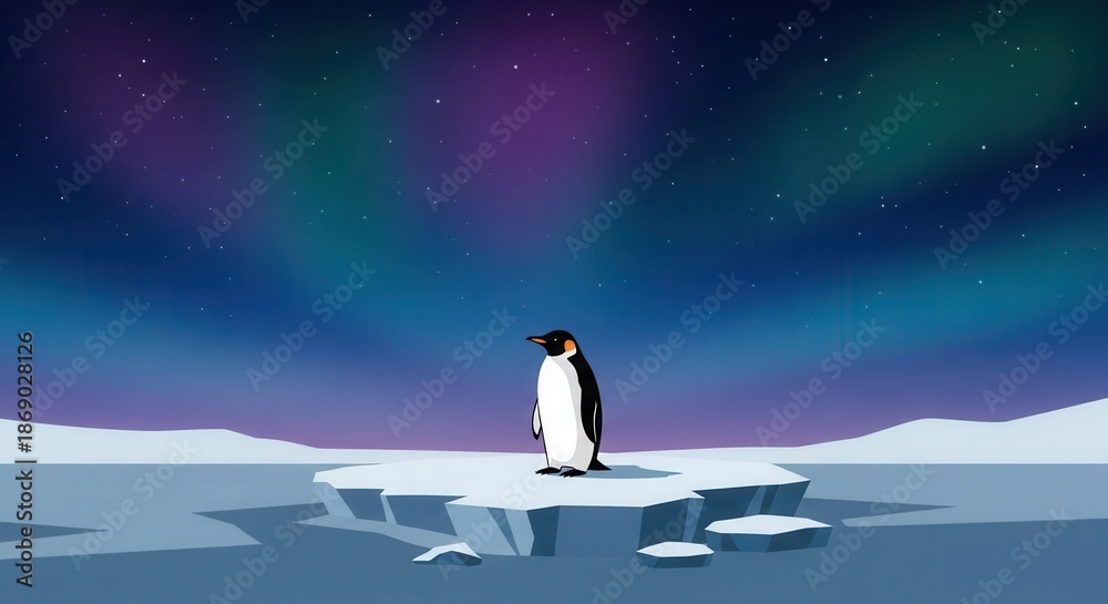 Obraz premium Solitary aquatic bird stands upon an ice floe beneath a vibrant polar light display