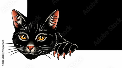 Black Cat Peeking Around Corner With Sharp Claws Extended.