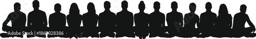 Silhouette of fifteen people meditating in a row, cross-legged posture, peaceful group unity, mindfulness, calm focus, wellness concept